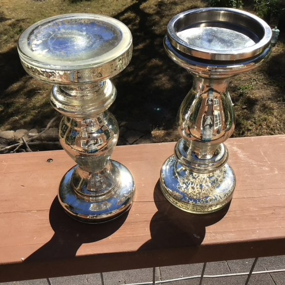 Vintage Antique Silver Pedestal Glass Mod. Candle Holders Set About 8'